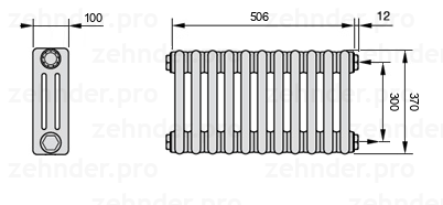 Схема (чертеж) Радиатор Zehnder Charleston 3037/11 №7610 Белый глянцевый RAL 9016
